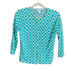 Garnet Hill Aqua Teal Green Blue Geometric Small Merino Wool Cardigan Sweater